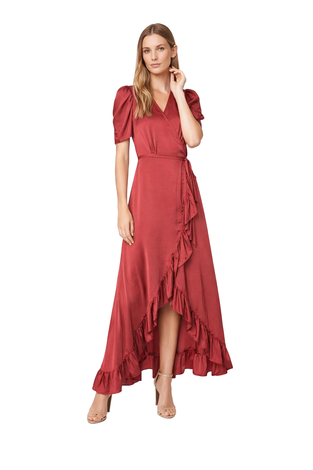 Czerwona sukienka midi kopertowa z asymetrycznym dołem i falbaną